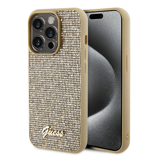 Hoesje voor Apple iPhone 15 Pro, Guess, PU Square Mirror Script Logo, Goud GUHCP15LPMSDGSD