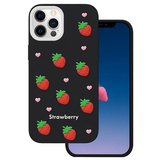 Hülle für Apple iPhone 15 / 14 / 13, OEM, Strawberry, Schwarz