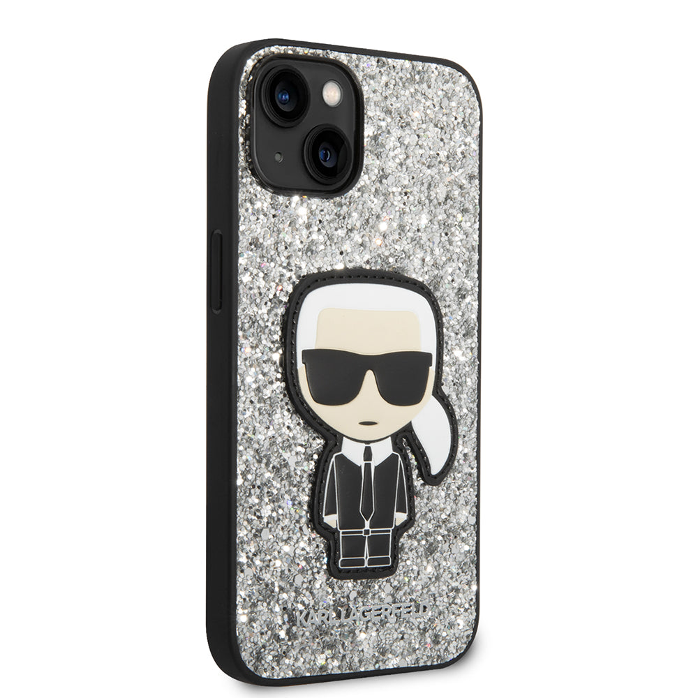 Housse pour Apple iPhone 14, Karl Lagerfeld, Glitter Flakes Ikonik Karl, Argentée.