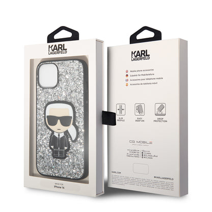 Housse pour Apple iPhone 14, Karl Lagerfeld, Glitter Flakes Ikonik Karl, Argentée.