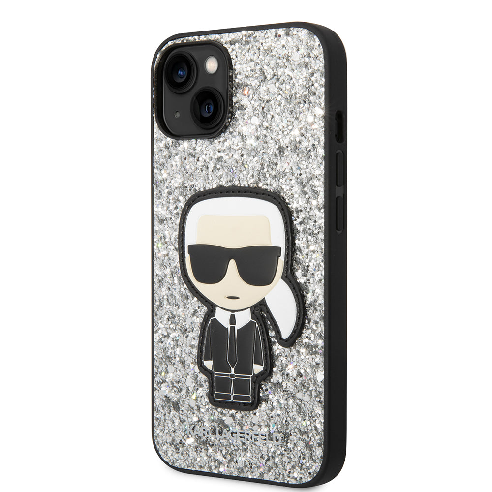 Housse pour Apple iPhone 14, Karl Lagerfeld, Glitter Flakes Ikonik Karl, Argentée.