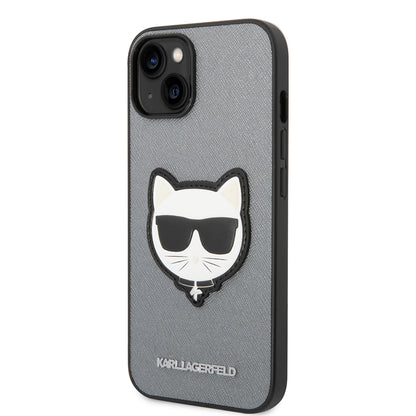 Hülle für Apple iPhone 14, Karl Lagerfeld, Saffiano Choupette's Head, Silbern