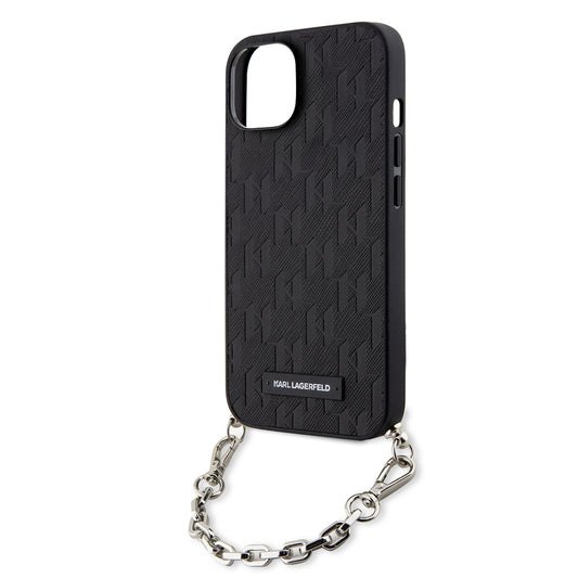 Hülle für Apple iPhone 14, Karl Lagerfeld, Saffiano Monogram Chain, Schwarz