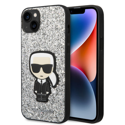 Hülle für Apple iPhone 14 Plus, Karl Lagerfeld, Glitter Flakes Ikonik Karl, Silbern