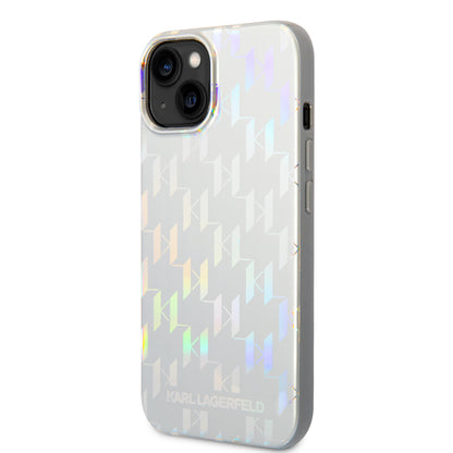 Hülle für Apple iPhone 14 Plus, Karl Lagerfeld, Monogram Iridescent, Silbern