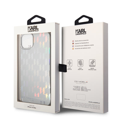 Hülle für Apple iPhone 14 Plus, Karl Lagerfeld, Monogram Iridescent, Silbern