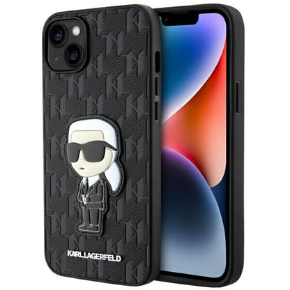 Étui pour Apple iPhone 14 Plus, Karl Lagerfeld, Saffiano Monogram Ikonik Karl, Noir