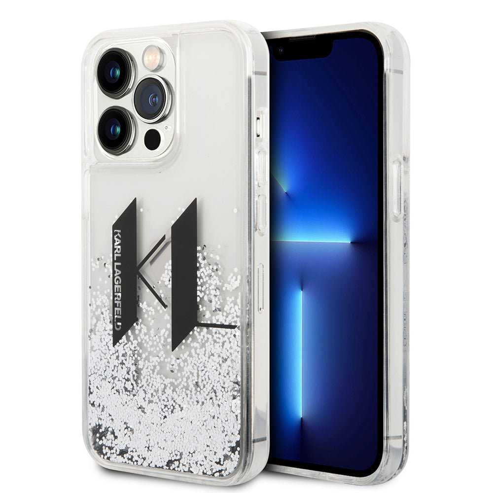 Hülle für Apple iPhone 14 Pro, Karl Lagerfeld, Liquid Glitter Big KL, Silbern