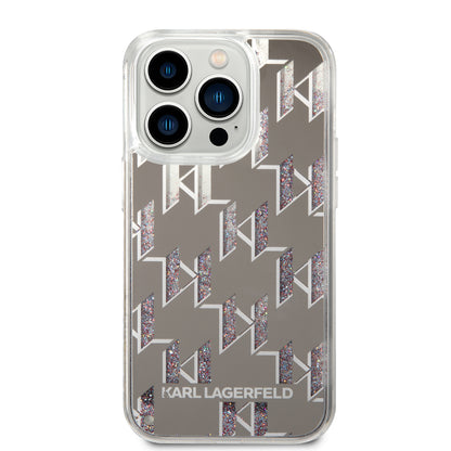 Hoes voor Apple iPhone 14 Pro, Karl Lagerfeld, Liquid Glitter Monogram, Zilverkleurig