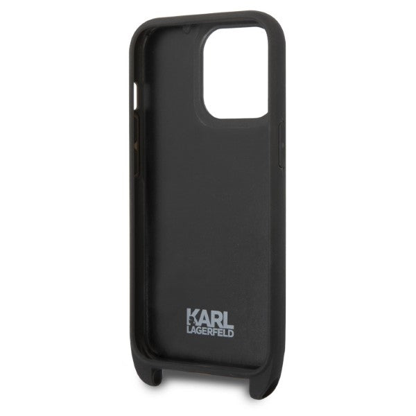 Étui pour Apple iPhone 14 Pro, Karl Lagerfeld, Monogram Plaque Logo avec Sangle, Noir