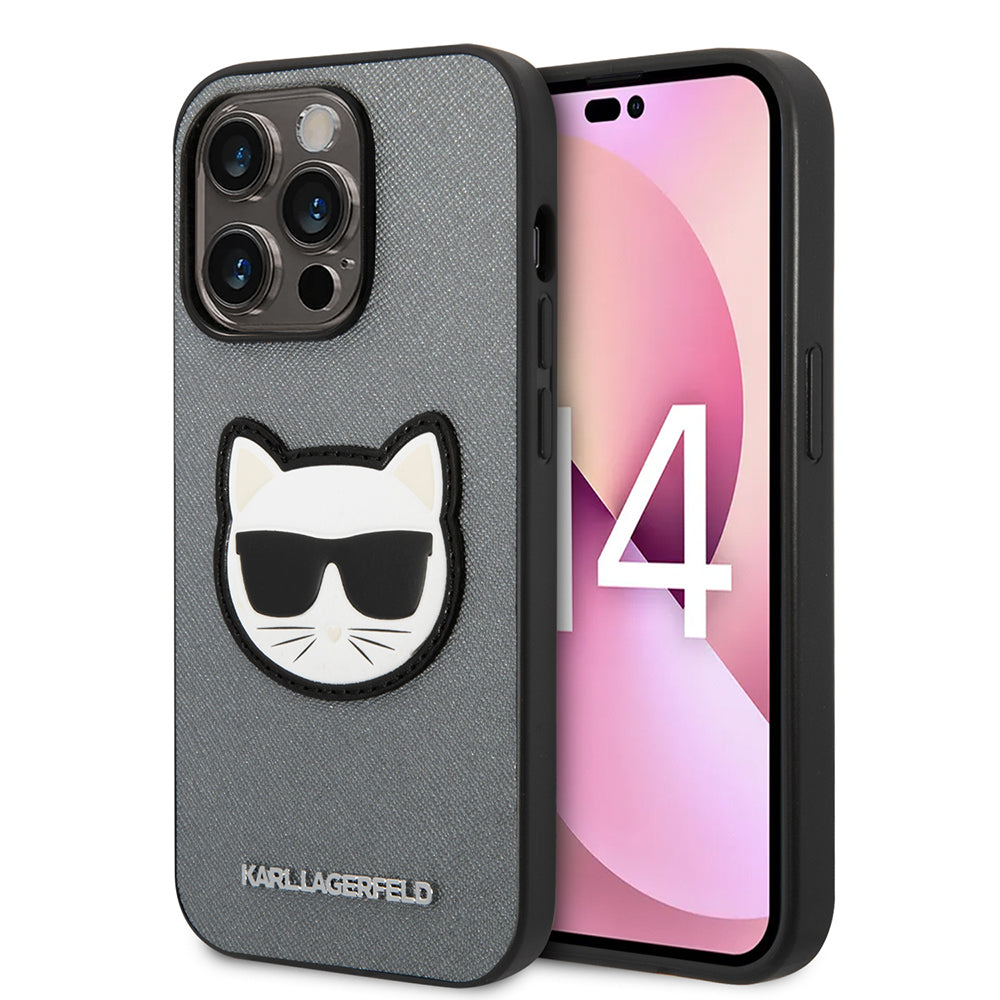 Hoes voor Apple iPhone 14 Pro, Karl Lagerfeld, Saffiano Choupette's Head, Zilverkleurig
