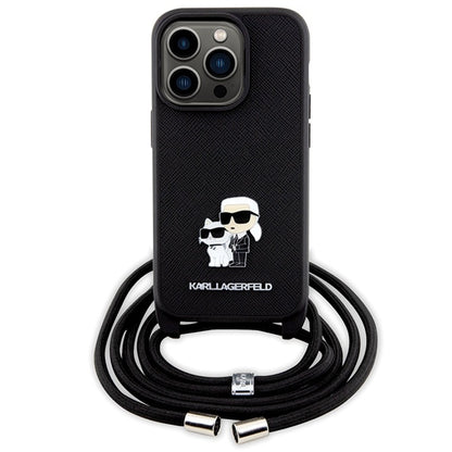 Hoes voor Apple iPhone 14 Pro, Karl Lagerfeld, Saffiano Crossbody Metal Pin Karl & Choupette, Zwart