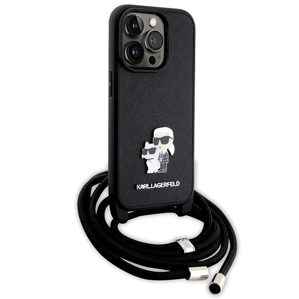 Hoes voor Apple iPhone 14 Pro, Karl Lagerfeld, Saffiano Crossbody Metal Pin Karl & Choupette, Zwart