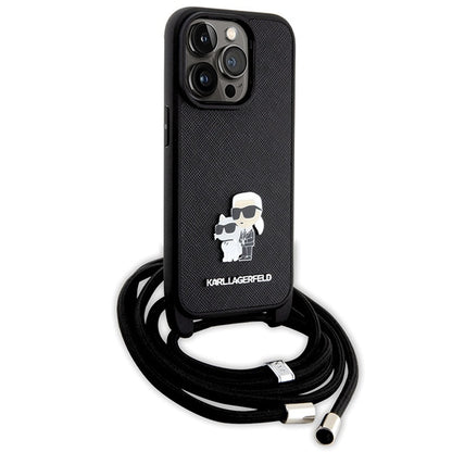 Hoes voor Apple iPhone 14 Pro, Karl Lagerfeld, Saffiano Crossbody Metal Pin Karl & Choupette, Zwart