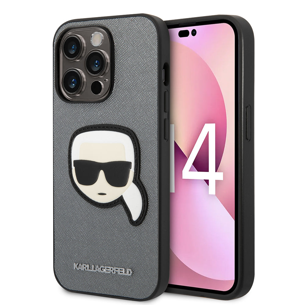 Étui pour Apple iPhone 14 Pro, Karl Lagerfeld, Saffiano Karl's Head, Argenté