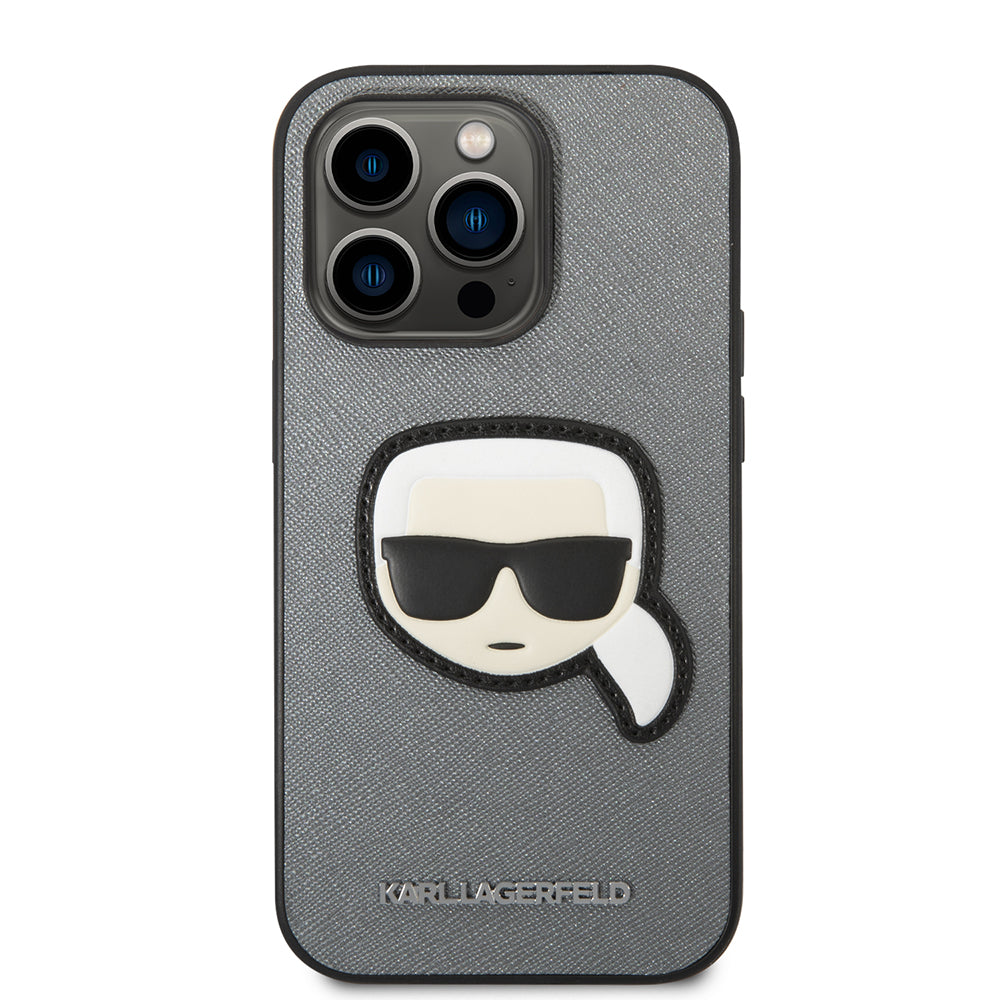 Étui pour Apple iPhone 14 Pro, Karl Lagerfeld, Saffiano Karl's Head, Argenté