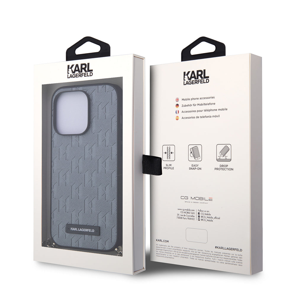 Étui pour Apple iPhone 14 Pro, Karl Lagerfeld, Saffiano Monogram Chain, Argenté