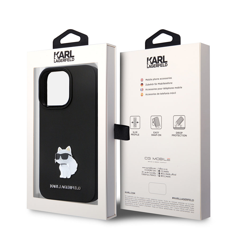 Hoes voor Apple iPhone 14 Pro, Karl Lagerfeld, Silicone Choupette Metal, Zwart