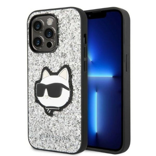 Hoes voor Apple iPhone 14 Pro Max, Karl Lagerfeld, Glitter Choupette Patch, Zilverkleurig