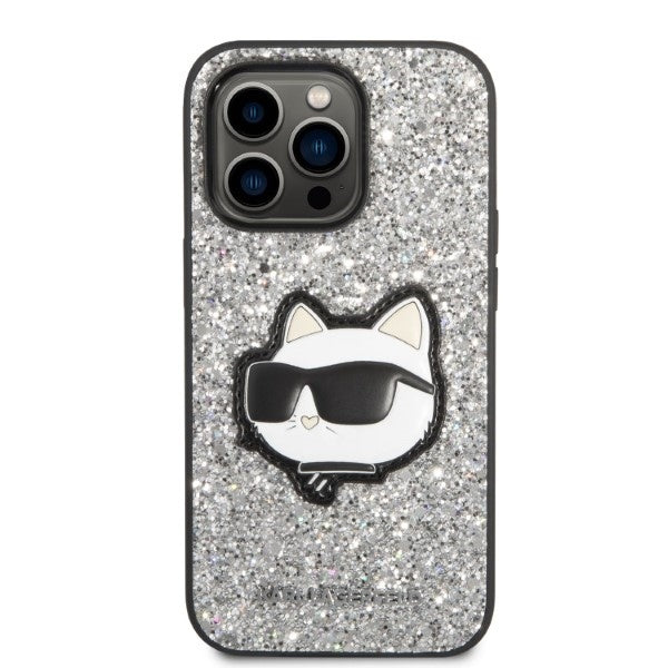 Hülle für Apple iPhone 14 Pro Max, Karl Lagerfeld, Glitter Choupette Patch, Silbern
