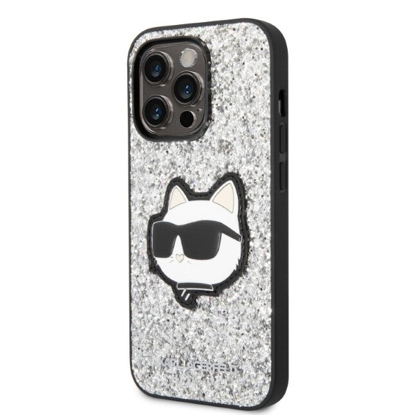 Hülle für Apple iPhone 14 Pro Max, Karl Lagerfeld, Glitter Choupette Patch, Silbern