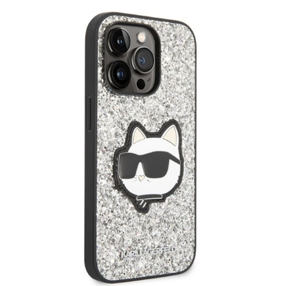 Hülle für Apple iPhone 14 Pro Max, Karl Lagerfeld, Glitter Choupette Patch, Silbern