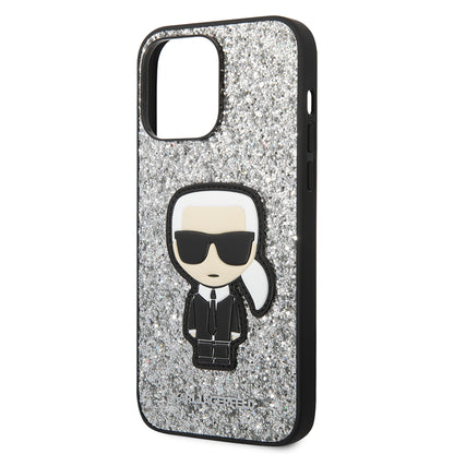 Hoes voor Apple iPhone 14 Pro Max, Karl Lagerfeld, Glitter Flakes Ikonik Karl, Zilverkleurig