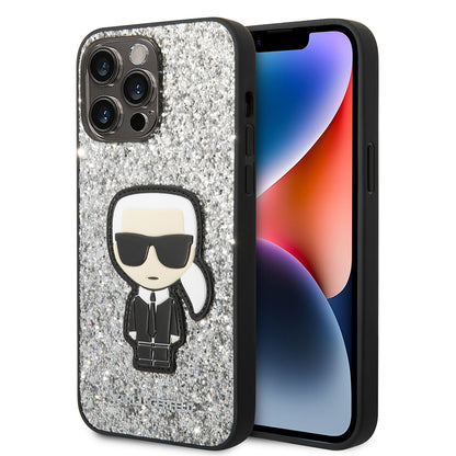 Hoes voor Apple iPhone 14 Pro Max, Karl Lagerfeld, Glitter Flakes Ikonik Karl, Zilverkleurig