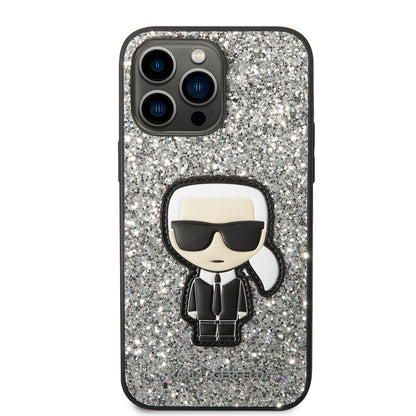 Hoes voor Apple iPhone 14 Pro Max, Karl Lagerfeld, Glitter Flakes Ikonik Karl, Zilverkleurig