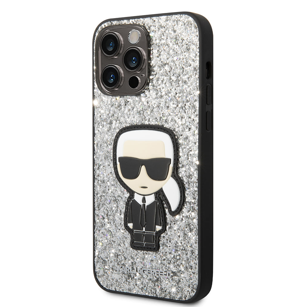 Hoes voor Apple iPhone 14 Pro Max, Karl Lagerfeld, Glitter Flakes Ikonik Karl, Zilverkleurig