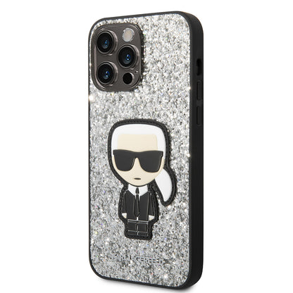 Hoes voor Apple iPhone 14 Pro Max, Karl Lagerfeld, Glitter Flakes Ikonik Karl, Zilverkleurig
