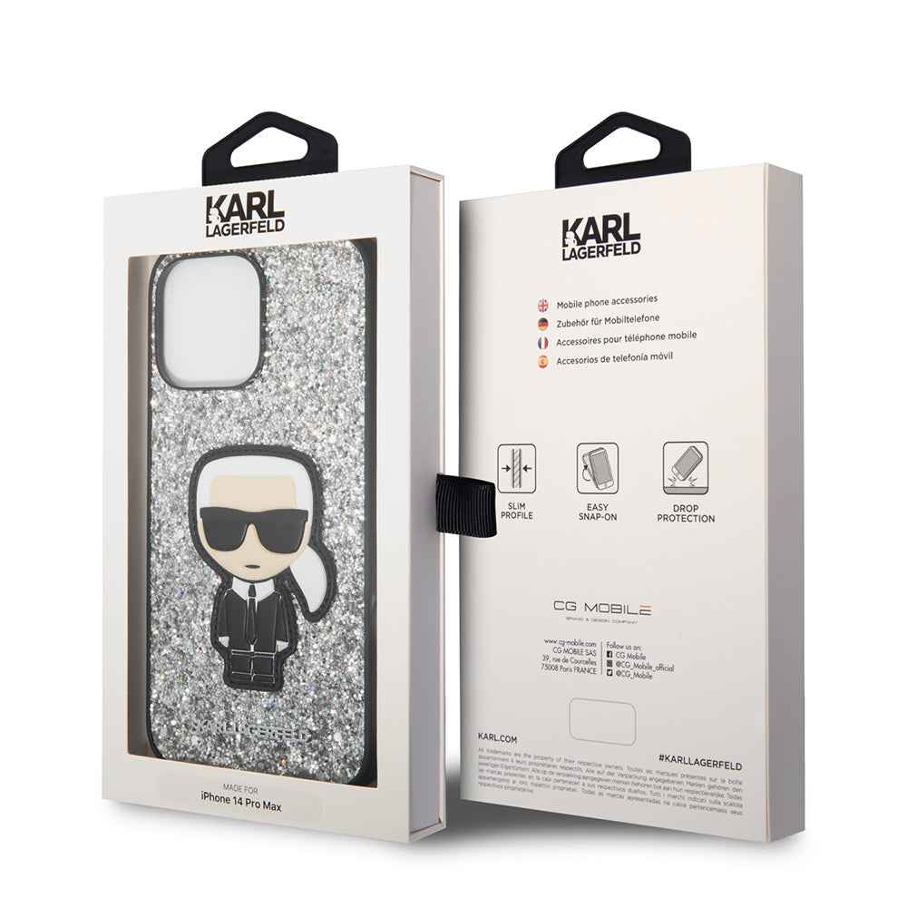 Hoes voor Apple iPhone 14 Pro Max, Karl Lagerfeld, Glitter Flakes Ikonik Karl, Zilverkleurig