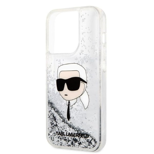 Hoes voor Apple iPhone 14 Pro Max, Karl Lagerfeld, Glitter Karl's Head, Zilverkleurig.