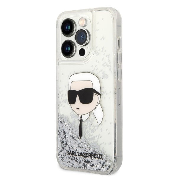 Hoes voor Apple iPhone 14 Pro Max, Karl Lagerfeld, Glitter Karl's Head, Zilverkleurig.