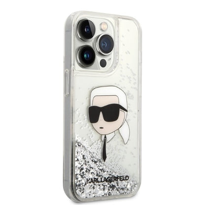 Hoes voor Apple iPhone 14 Pro Max, Karl Lagerfeld, Glitter Karl's Head, Zilverkleurig.