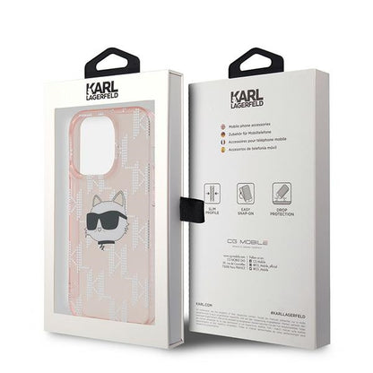 Hoes voor Apple iPhone 14 Pro Max, Karl Lagerfeld, IML Luxury Monogram Choupette's Head, Roze