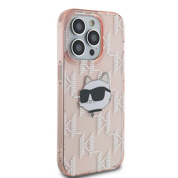 Hoes voor Apple iPhone 14 Pro Max, Karl Lagerfeld, IML Luxury Monogram Choupette's Head, Roze