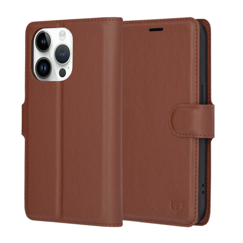 Hülle für Apple iPhone 14 Pro, Techsuit, Leder-Folio, Braun