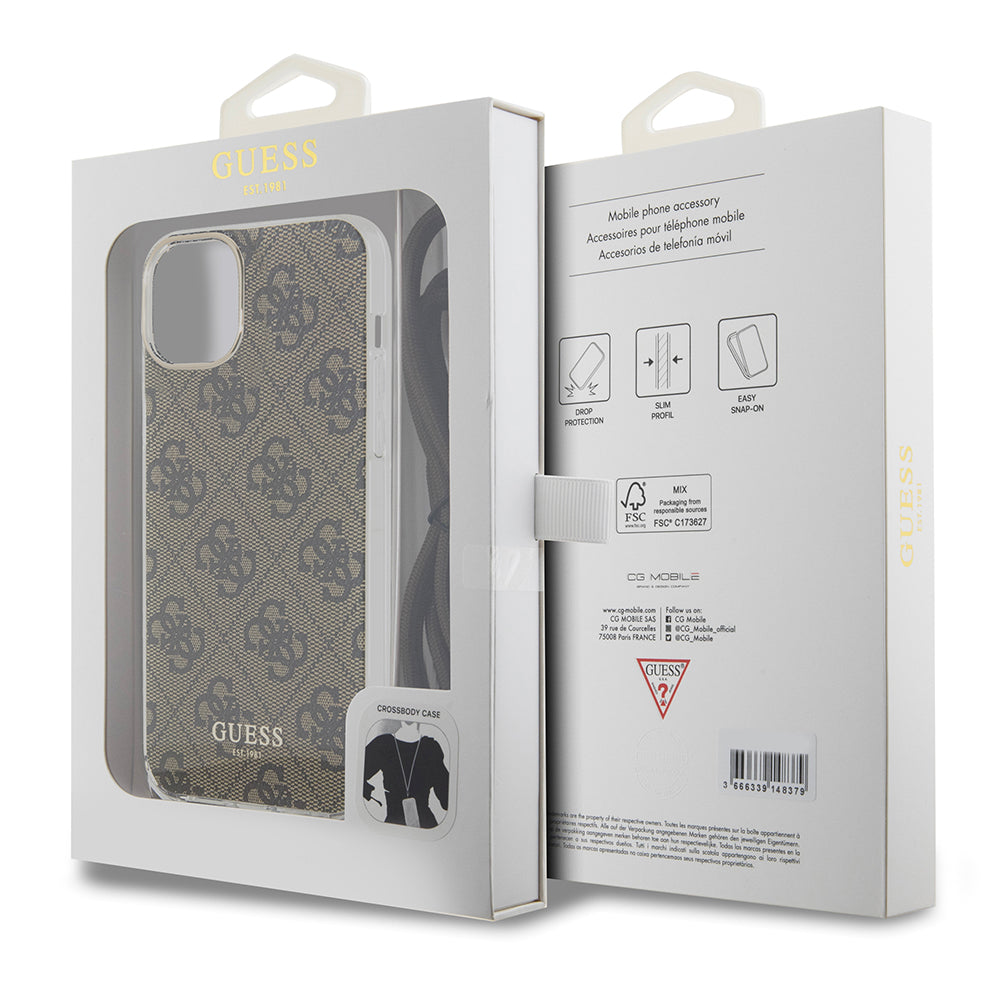 Case for Apple iPhone 15, Guess, 4G IML Printed Crossbody, Brown