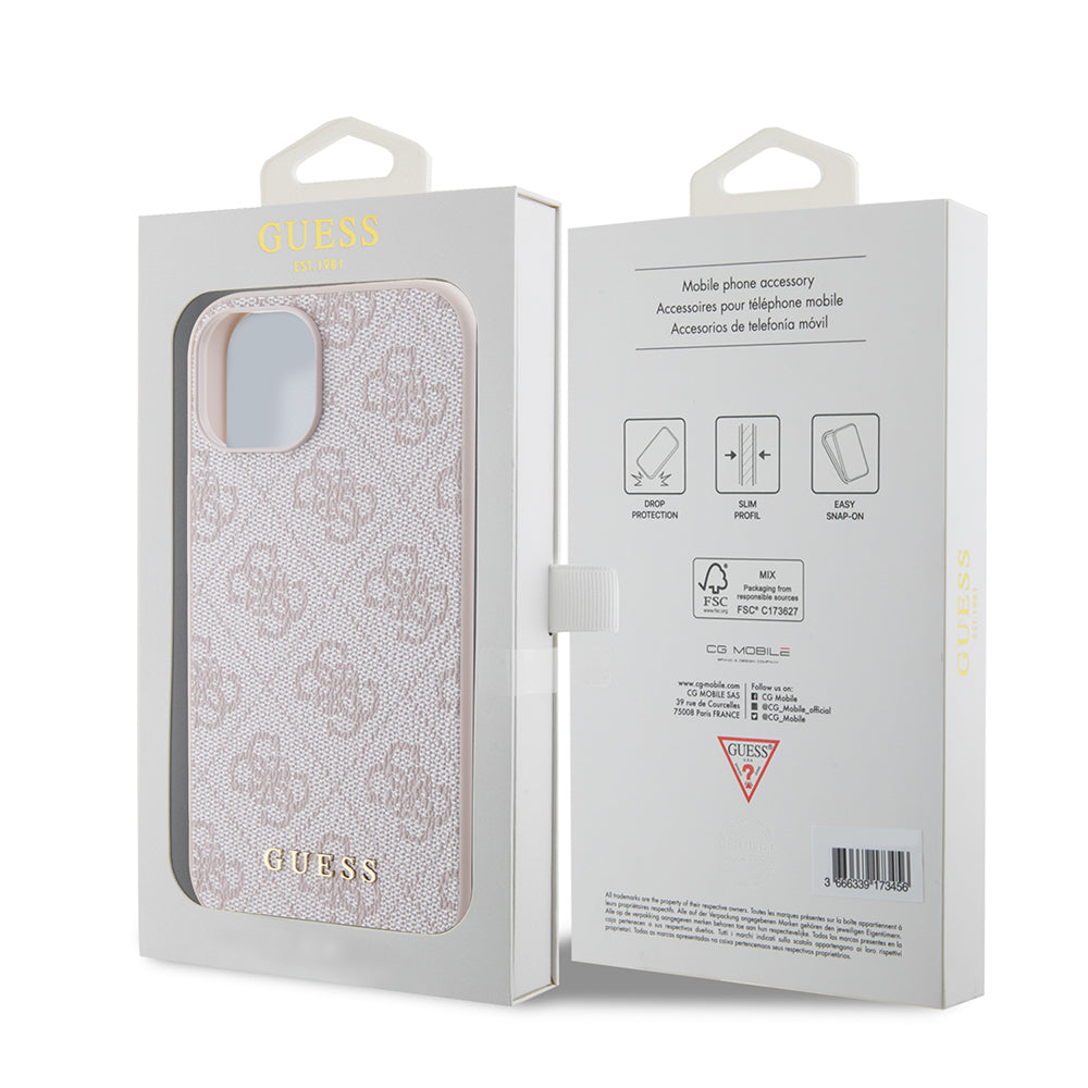 Étui pour Apple iPhone 15, Guess, Logo Or Métal 4G, Rose