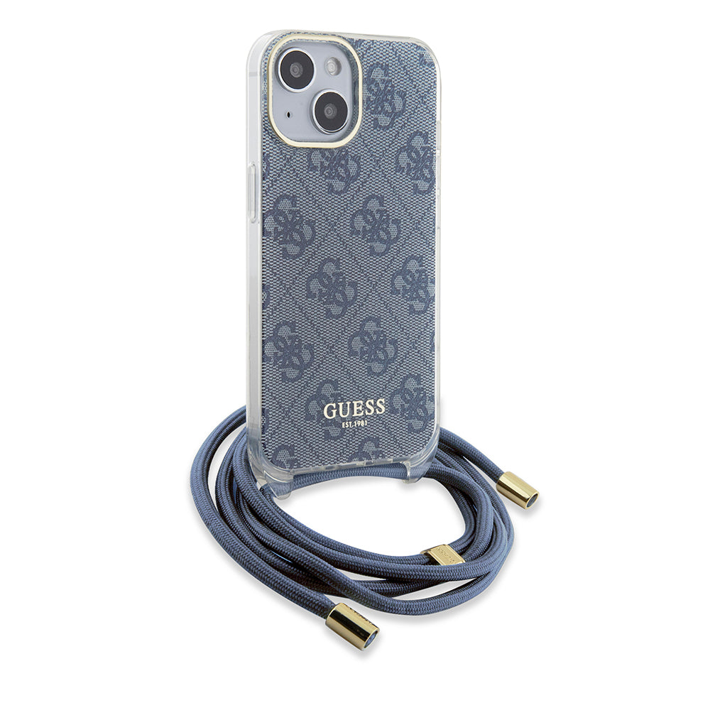 Étui pour Apple iPhone 15, Guess, Crossbody Cord 4G Print, Bleu