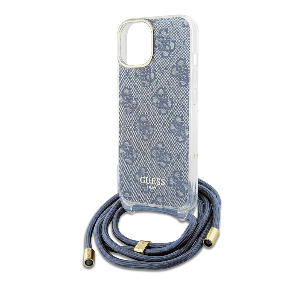 Étui pour Apple iPhone 15, Guess, Crossbody Cord 4G Print, Bleu