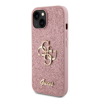 Étui pour Apple iPhone 15, Guess, Glitter Big 4G Script, Rose