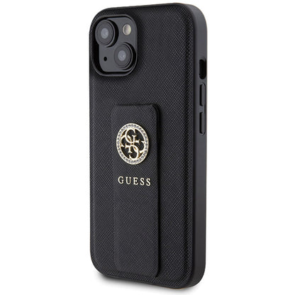 Case for Apple iPhone 15, Guess, Grip Stand 4G Saffiano Strass, Black