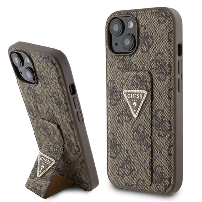 Hoes voor Apple iPhone 15, Guess, Grip Stand 4G Triangle Strass, Bruin