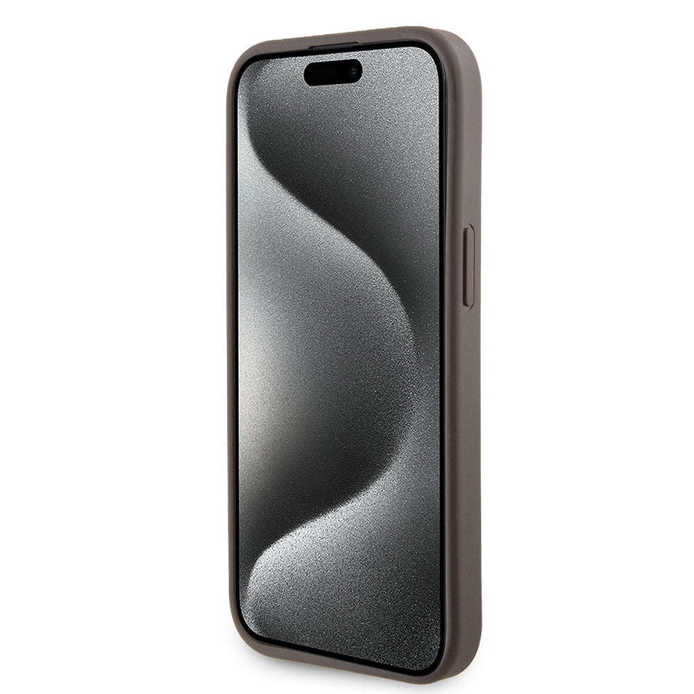 Hoes voor Apple iPhone 15, Guess, Grip Stand 4G Triangle Strass, Bruin