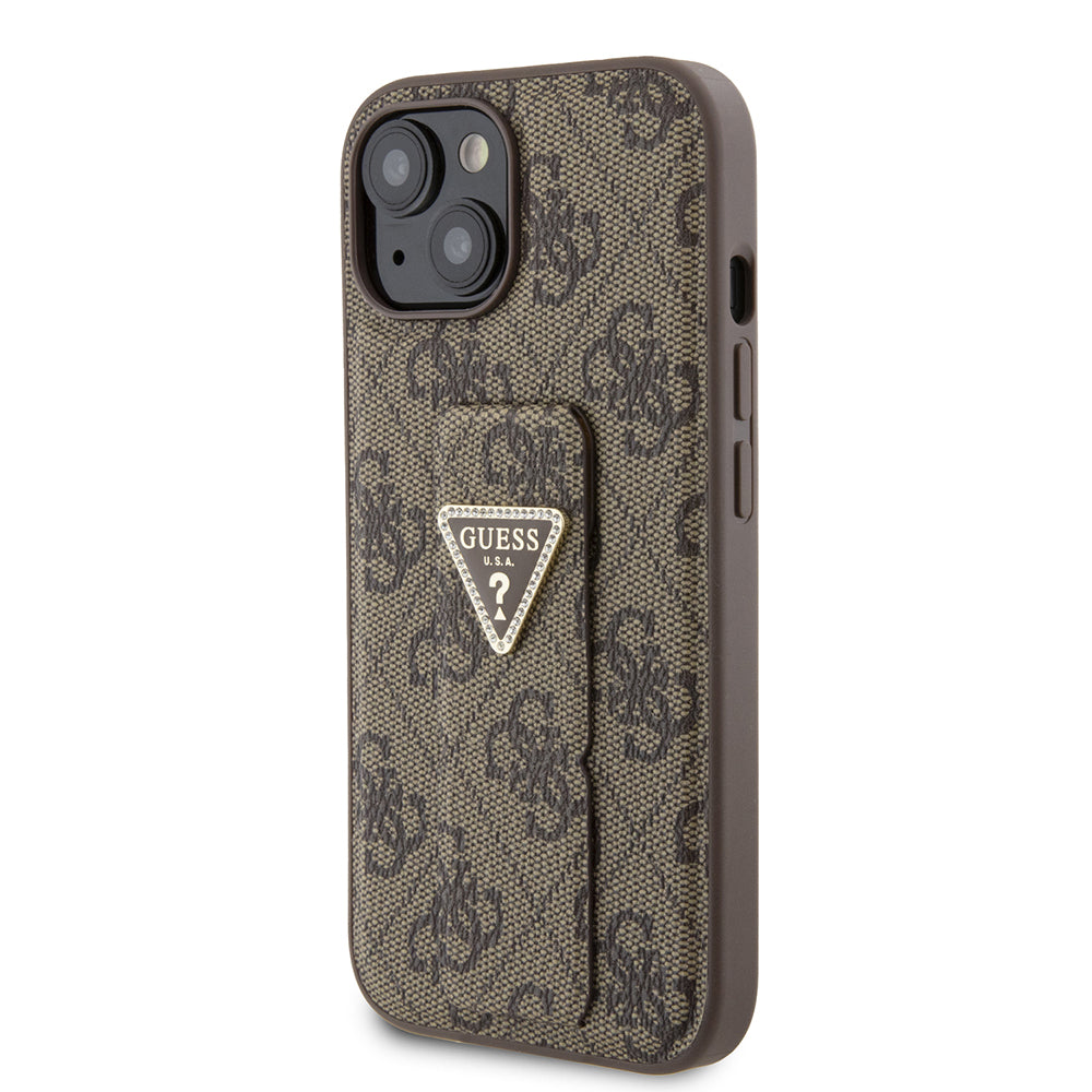 Hoes voor Apple iPhone 15, Guess, Grip Stand 4G Triangle Strass, Bruin