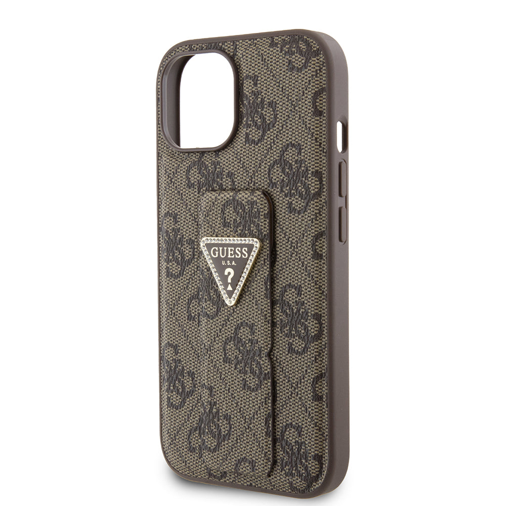 Hoes voor Apple iPhone 15, Guess, Grip Stand 4G Triangle Strass, Bruin