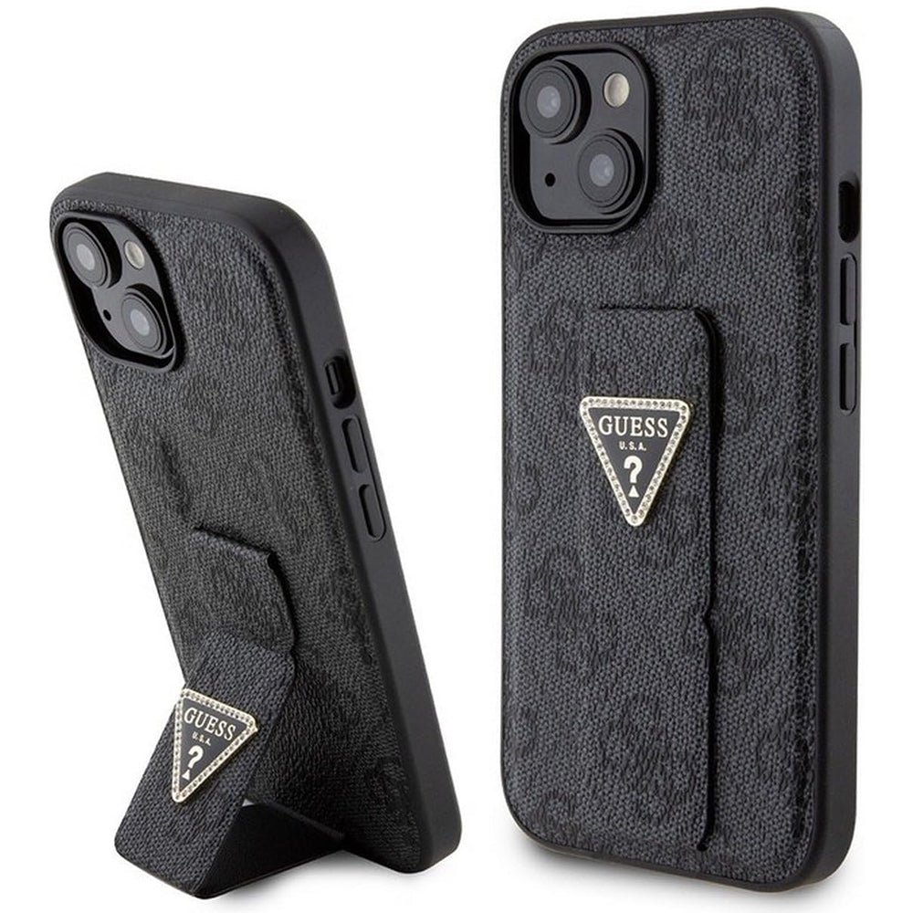 Étui pour Apple iPhone 15, Guess, Grip Stand 4G Triangle Strass, Noir