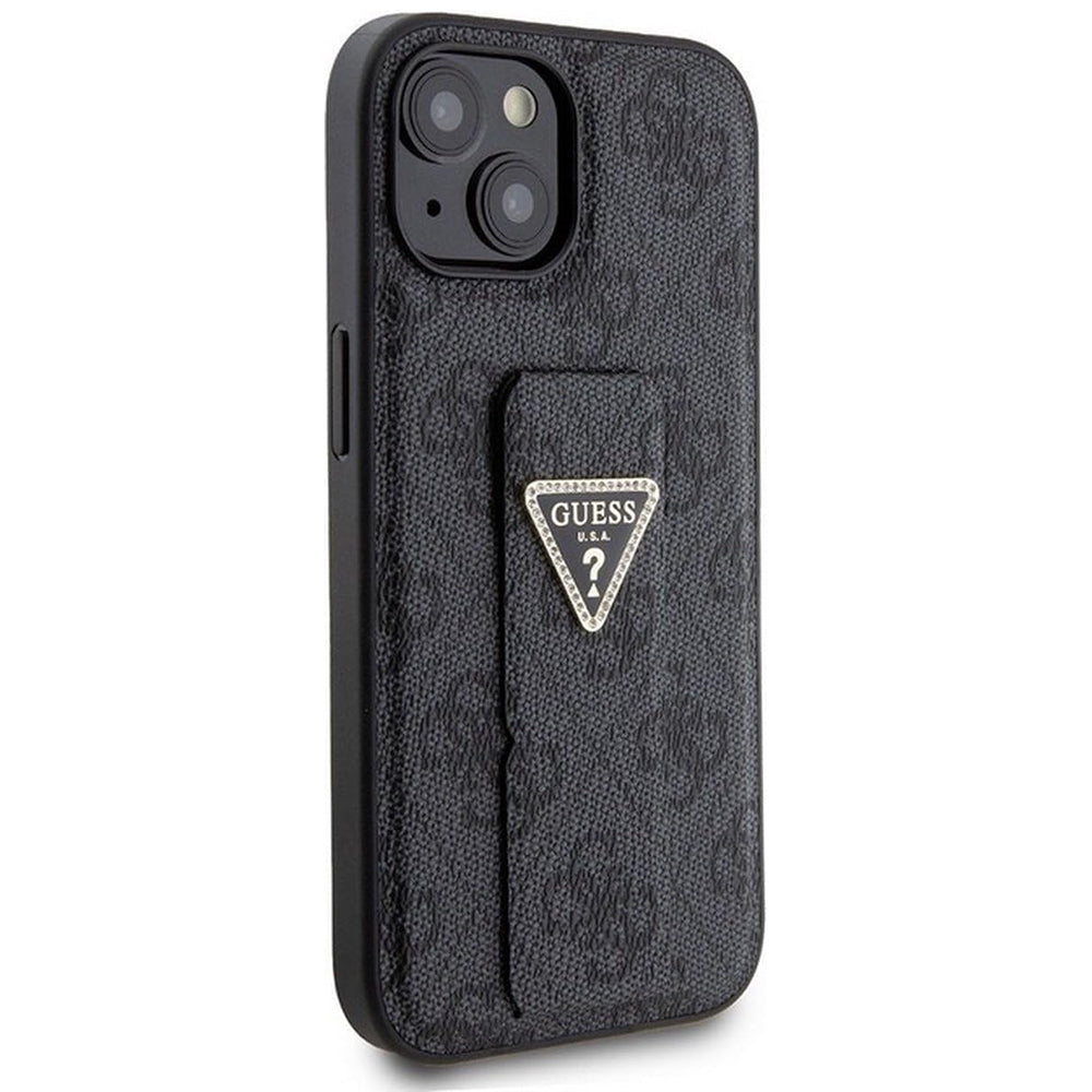 Étui pour Apple iPhone 15, Guess, Grip Stand 4G Triangle Strass, Noir